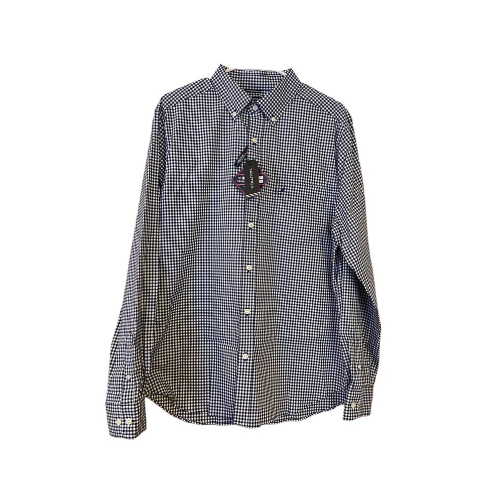 Mens Nautica Flex Size L‎ Classic Fit Button Up Shirt White Blue Check New